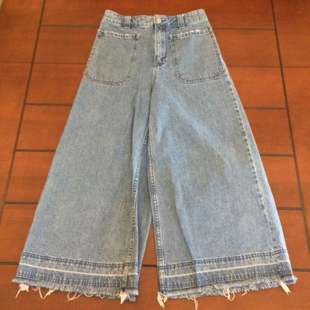 We The Free by Free People High Rise Wide Leg Crop Jeans Light Wash 26 raw hem